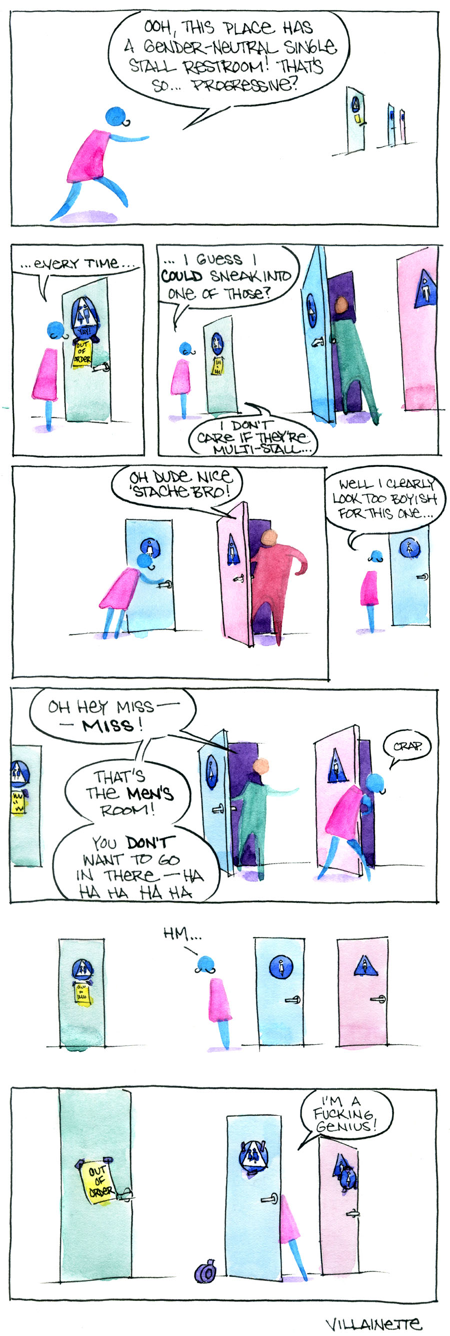 a geniusly witty comic about gender, rendered in virtuosic watercolor, but lacking an image description