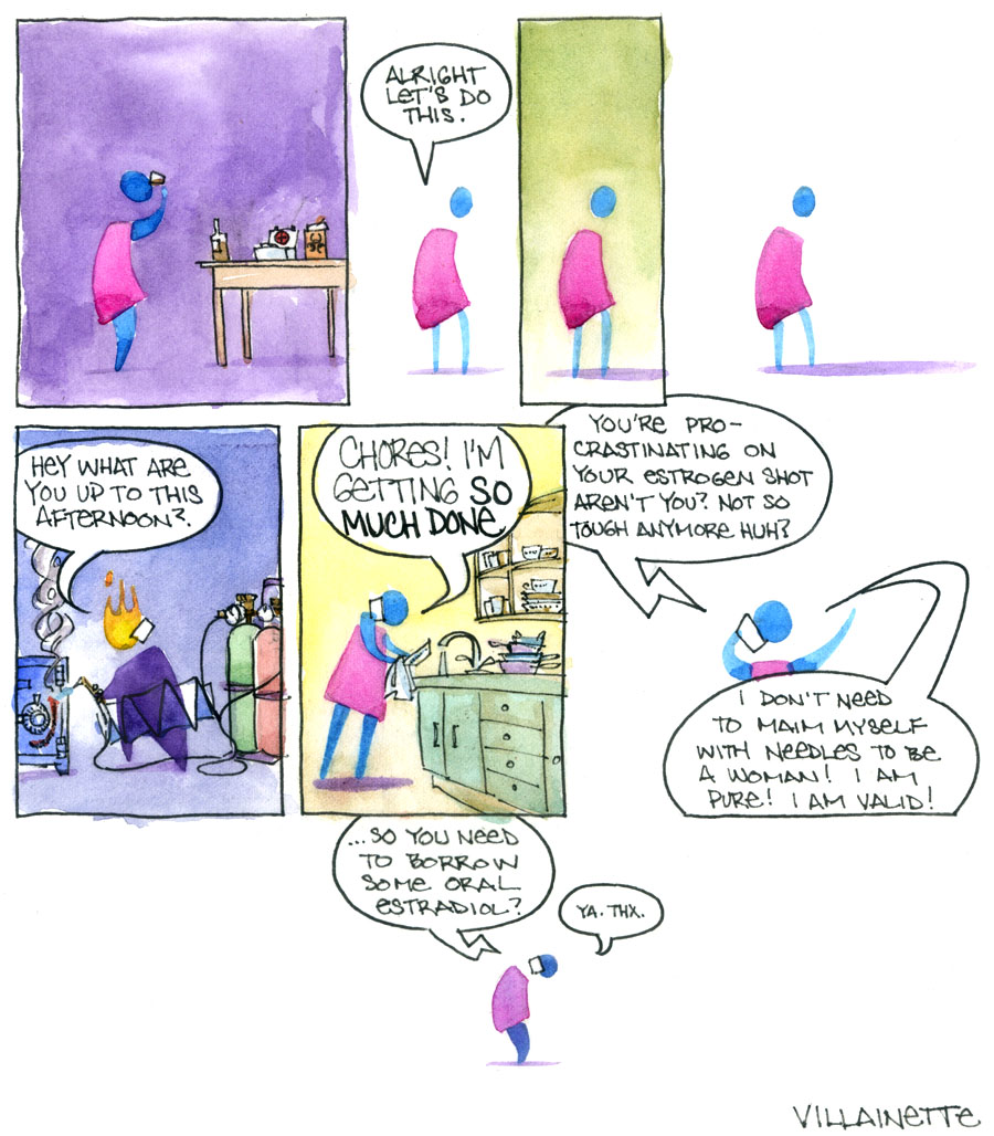 a geniusly witty comic about gender, rendered in virtuosic watercolor, but lacking an image description