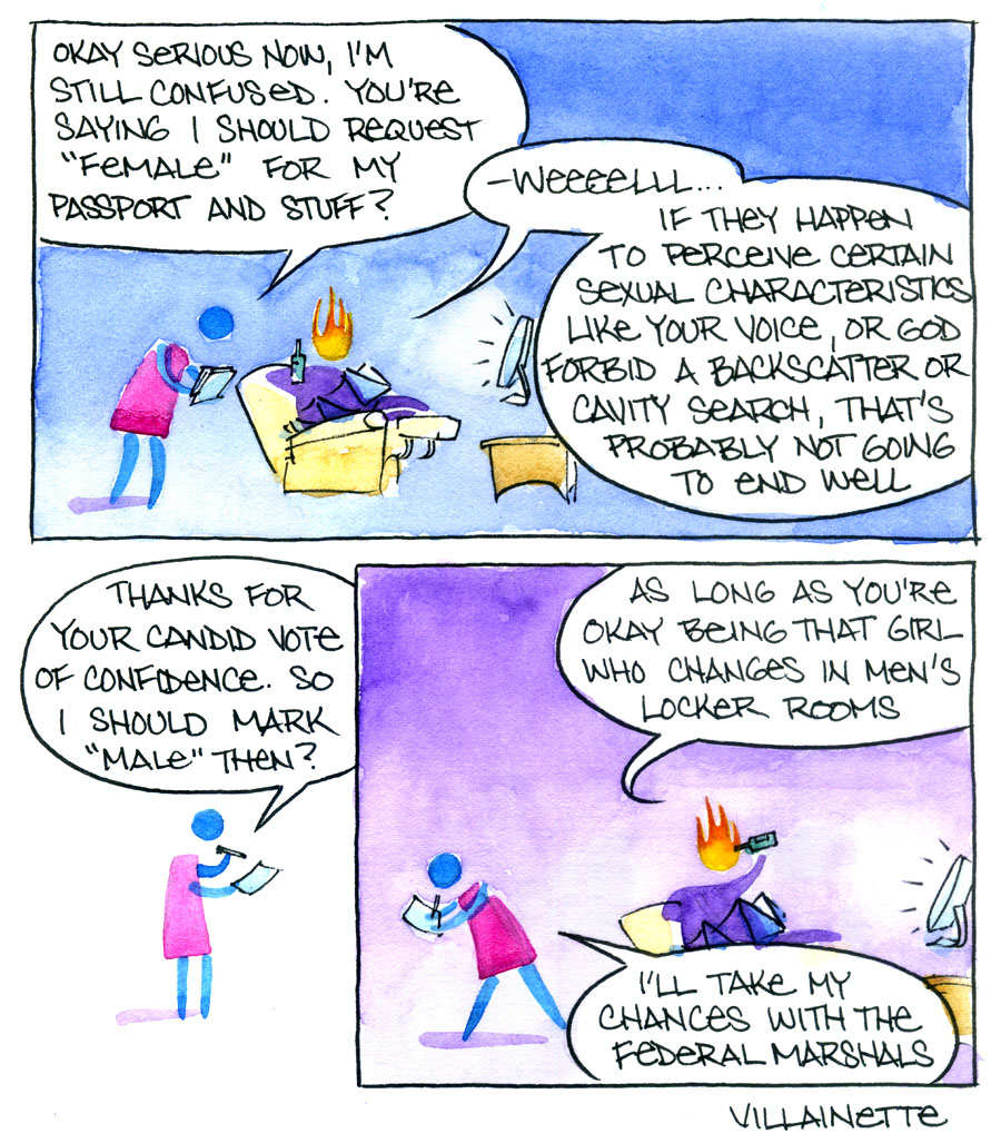 a geniusly witty comic about gender, rendered in virtuosic watercolor, but lacking an image description