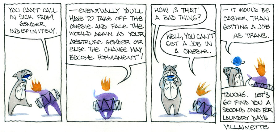 a geniusly witty comic about gender, rendered in virtuosic watercolor, but lacking an image description a geniusly witty comic about gender, rendered in virtuosic watercolor, but lacking an image description