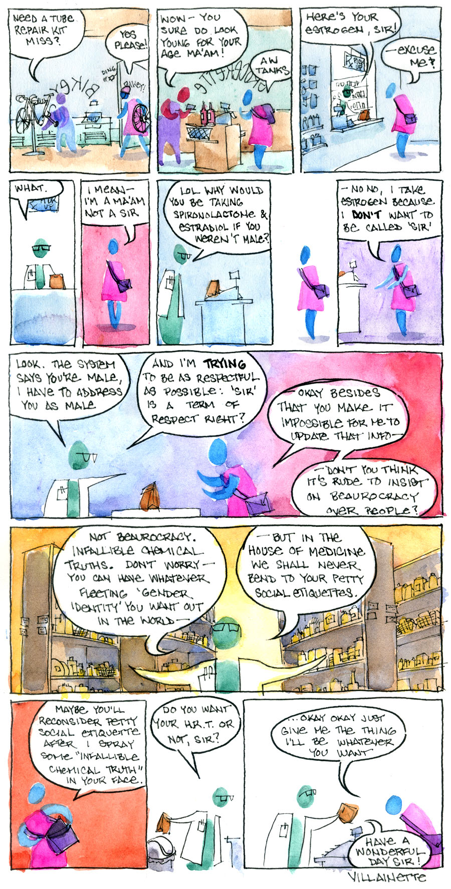 a geniusly witty comic about gender, rendered in virtuosic watercolor, but lacking an image description